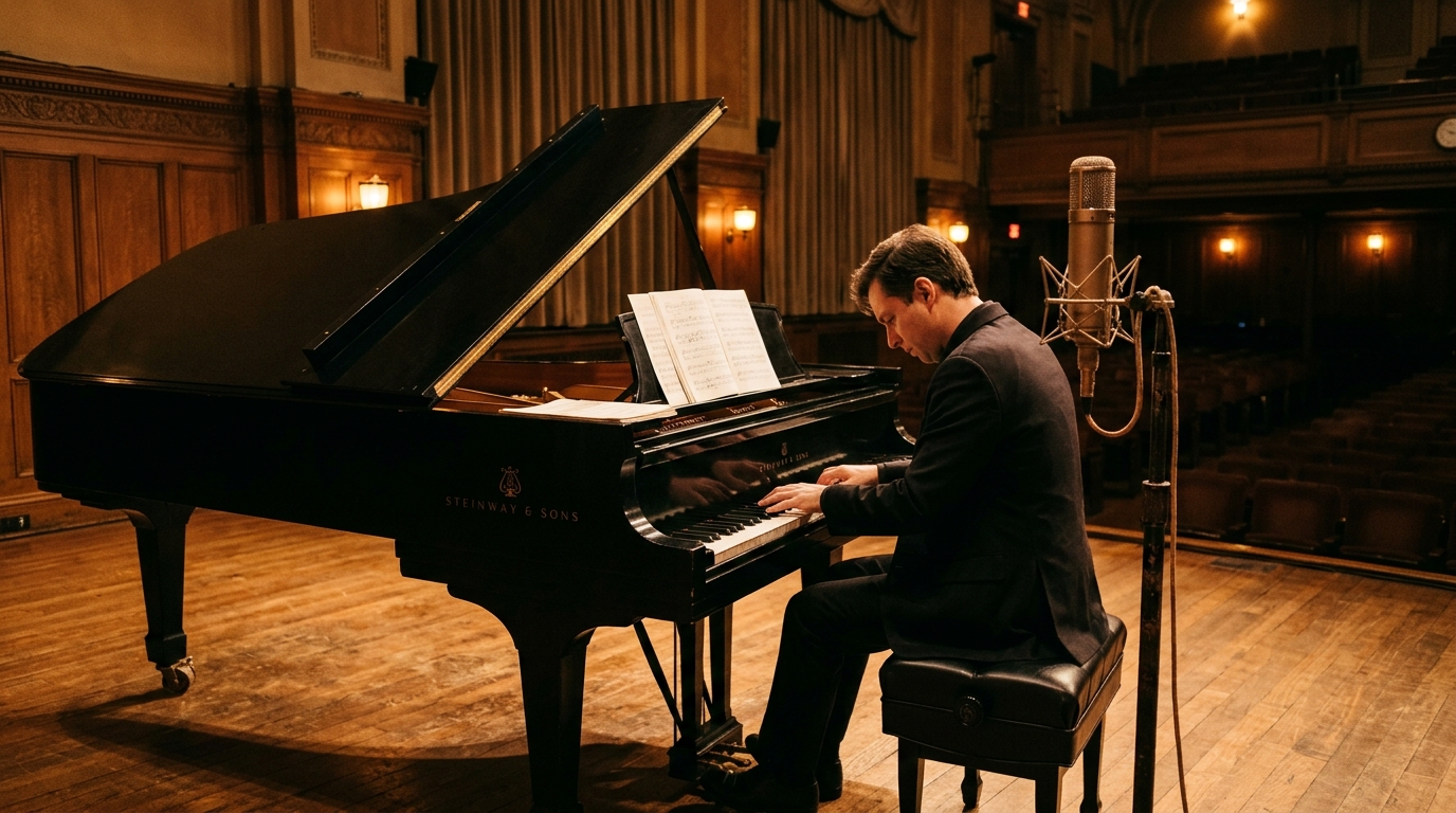 A concert grand piano, hand-annotated orchestral score, and vintage studio microphone commemorate Quincy Jones’s seven-decade studio mastery.