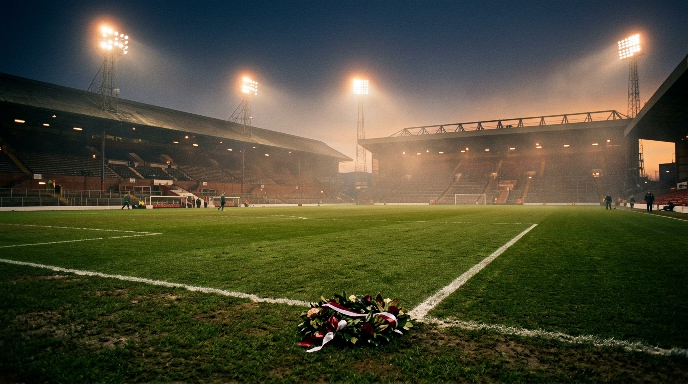 Evening stadium floodlights illuminate a quiet pitch and floral laurel tribute honoring football’s iconic libero, Franz Beckenbauer.